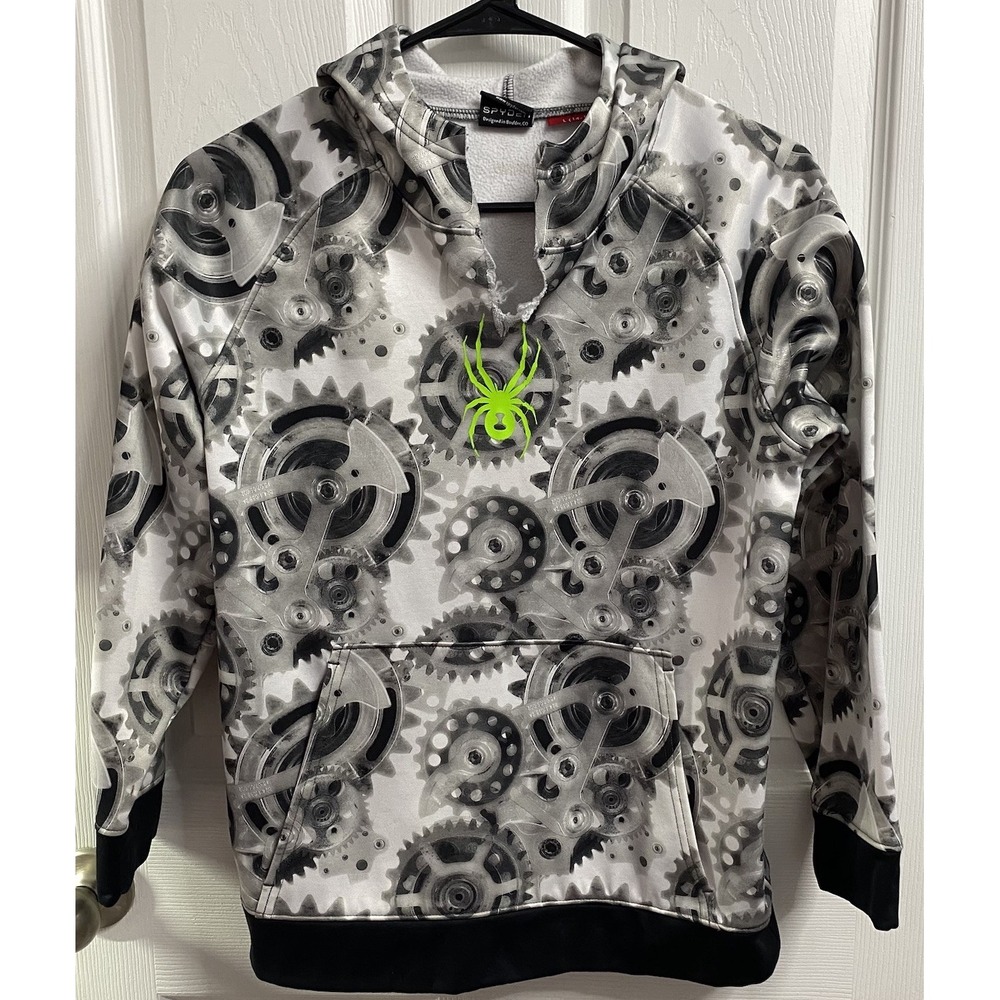 SPYDER Boys Black/Gray&White Gear Print Pullover Hoodie Fleece Lined Sz. L 14-16